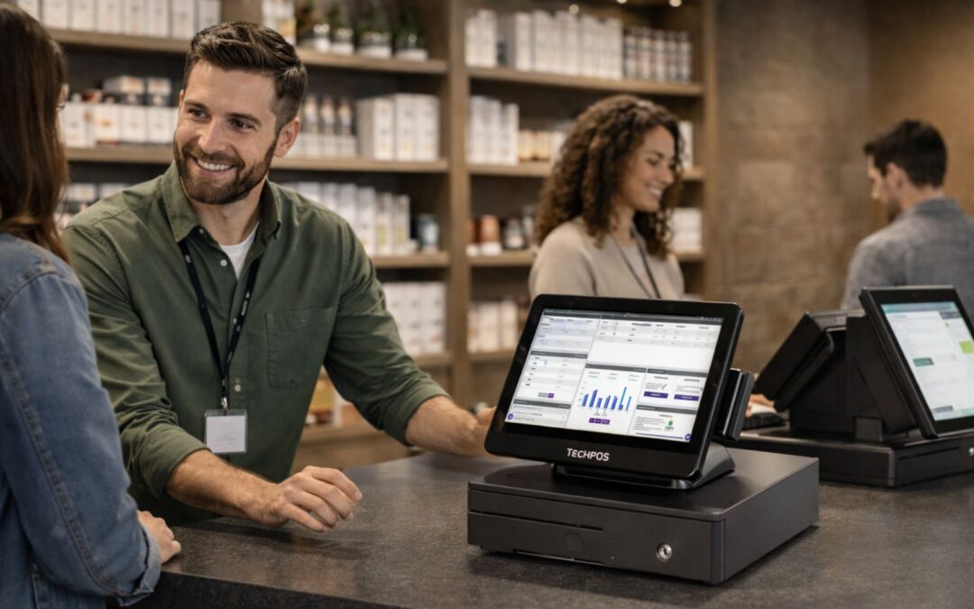 Cannabis dispensary checkout with budtender assisting customer using TechPOS system, modern retail environment with packaged products and POS hardware in focus
