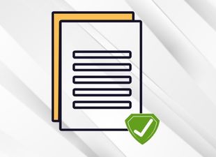 Illustration of two overlapping documents with horizontal lines, and a green shield icon with a white checkmark in the bottom right, symbolizing secure inventory management for TechPOS.