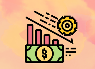 A graphic showing a downward-trending bar chart on a dollar bill with a gear and downward arrow, symbolizing financial decline or economic downturn in inventory management or cannabis POS, on a pastel background.
