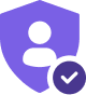 A purple shield icon with a white user silhouette in the center and a dark purple circle with a white checkmark in the bottom right corner, symbolizing verified or protected user.
