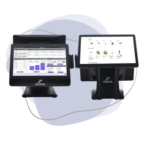 Two black touchscreen POS systems from TECHPOS are displayed side by side, each showing different interfaces—one with sales data and the other with a product catalog.