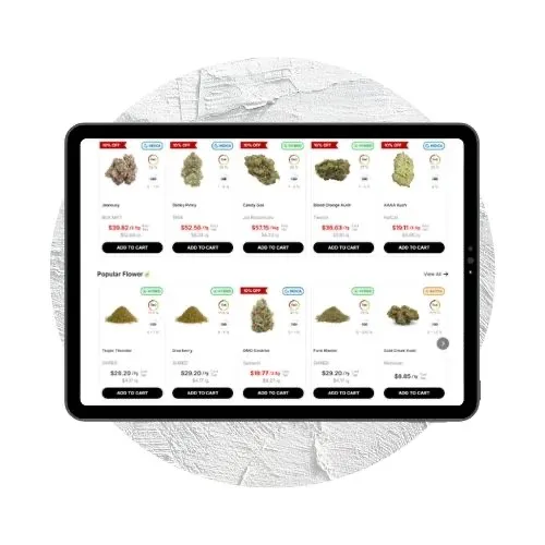 A tablet displays an online store page with listings of cannabis flower and related products, each showing prices, strain names, images, and Add to Cart buttons on a white textured background.