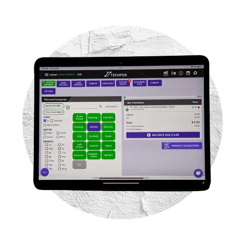 A tablet displaying a TechPOS point-of-sale interface with item categories in green buttons on the left and order details with prices on the right, set against a textured white circular background.