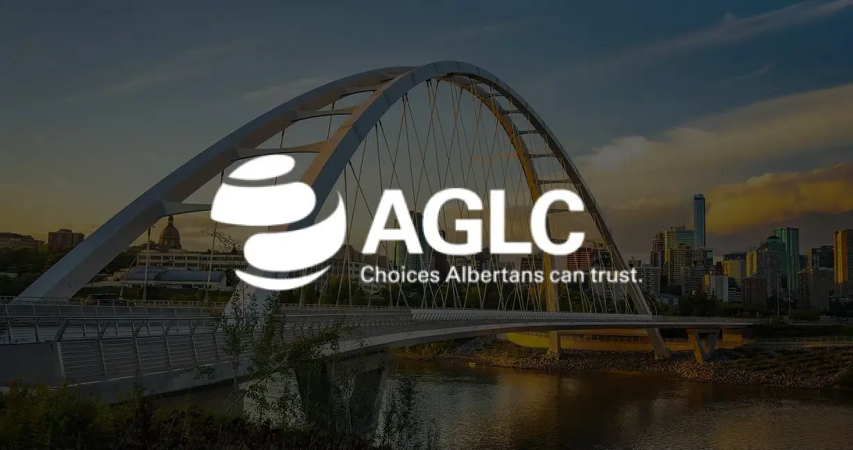 A modern arch bridge over a river at sunset, with the AGLC logo and the text Choices Albertans can trust. displayed prominently in the center.